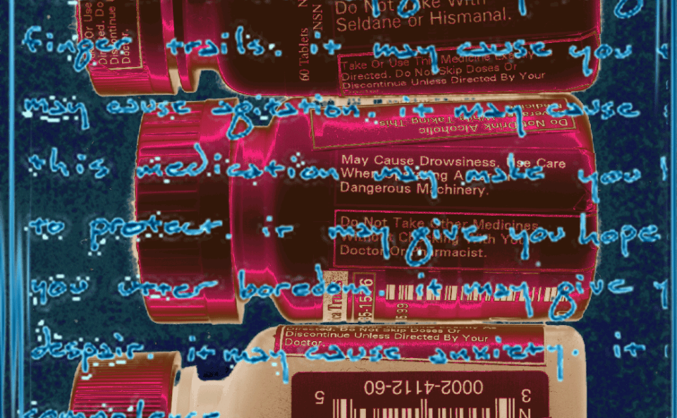 psych drugs and warning labels in psychedelic blue and hot pink